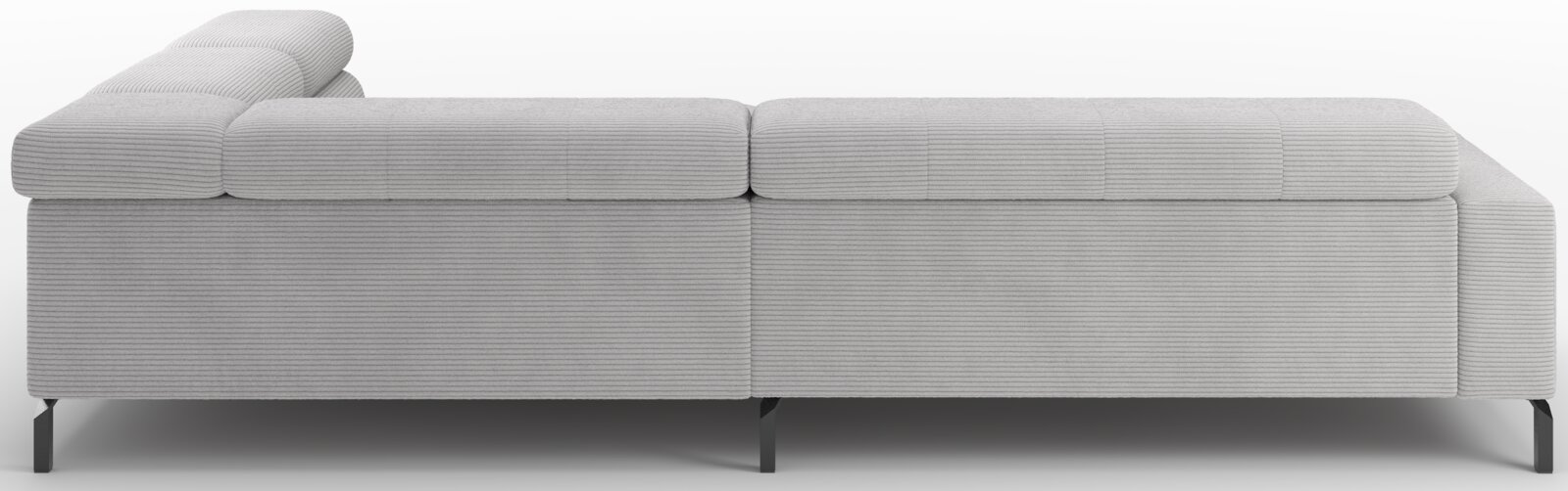 Lichtgrijze ribstof hoekbank met chaise longue en zwarte metalen poten, zijaanzicht (links)