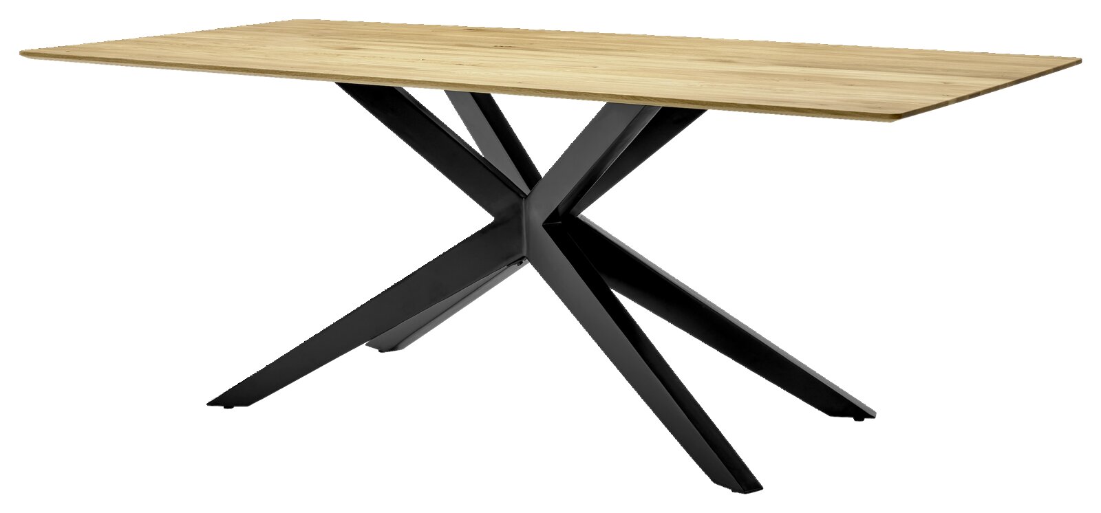 Moderne eettafel met een lichtgekleurd houten blad en een zwart metalen onderstel, zijaanzicht