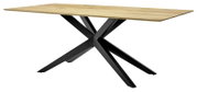 Moderne eettafel met een lichtgekleurd houten blad en een zwart metalen onderstel, zijaanzicht