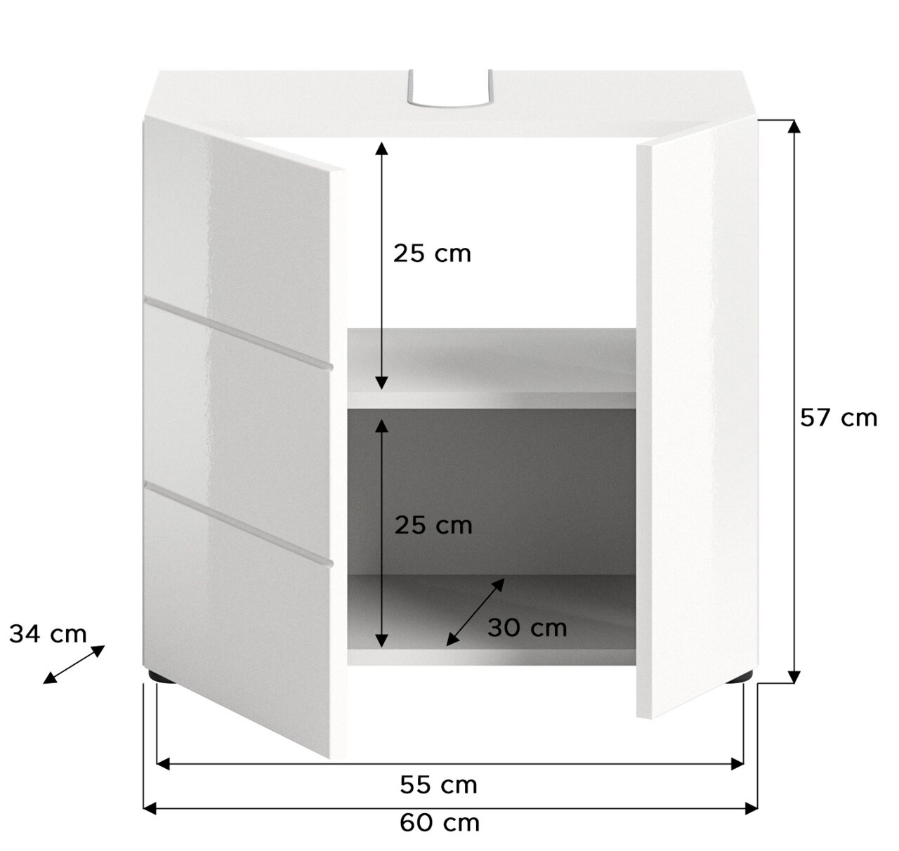 Weißer Waschbeckenunterschrank mit zwei Türen, frontal geöffnet, Maße: 60 cm Breite, 57 cm Höhe, 34 cm Tiefe.