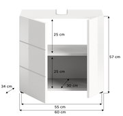 Weißer Waschbeckenunterschrank mit zwei Türen, frontal geöffnet, Maße: 60 cm Breite, 57 cm Höhe, 34 cm Tiefe.