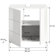 Weißer Waschbeckenunterschrank mit zwei Türen, frontal geöffnet, Maße: 60 cm Breite, 57 cm Höhe, 34 cm Tiefe.