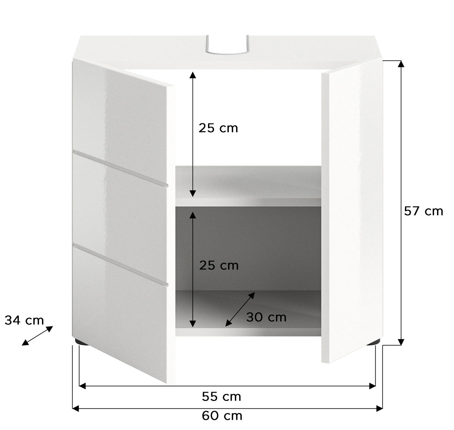 Weißer Waschbeckenunterschrank mit zwei Türen, frontal geöffnet, Maße: 60 cm Breite, 57 cm Höhe, 34 cm Tiefe.