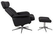 Seitliche Ansicht eines schwarzen Relaxsessels mit passendem Hocker, beide mit verchromten Drehgestellen.