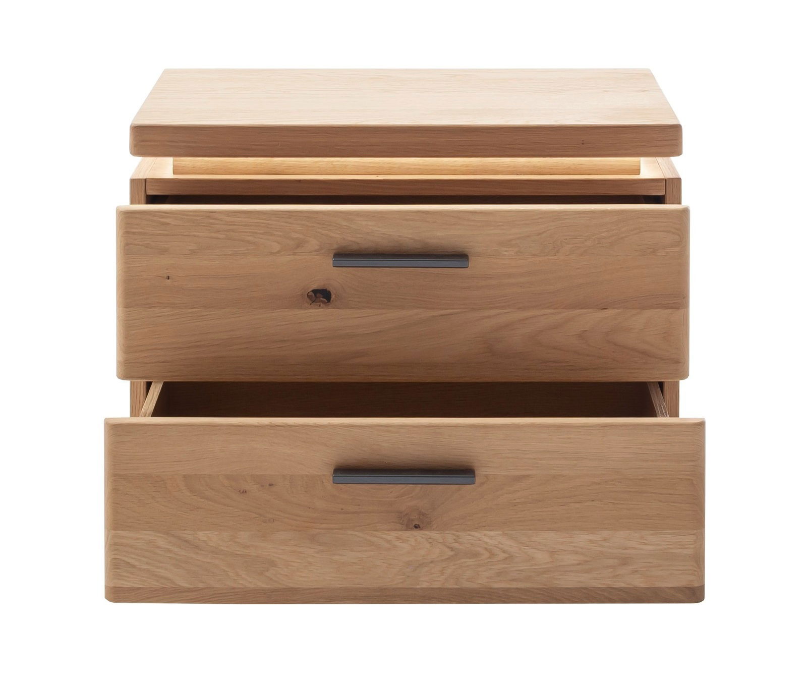 Nachtkonsole aus Holz mit zwei Schubladen, Frontansicht