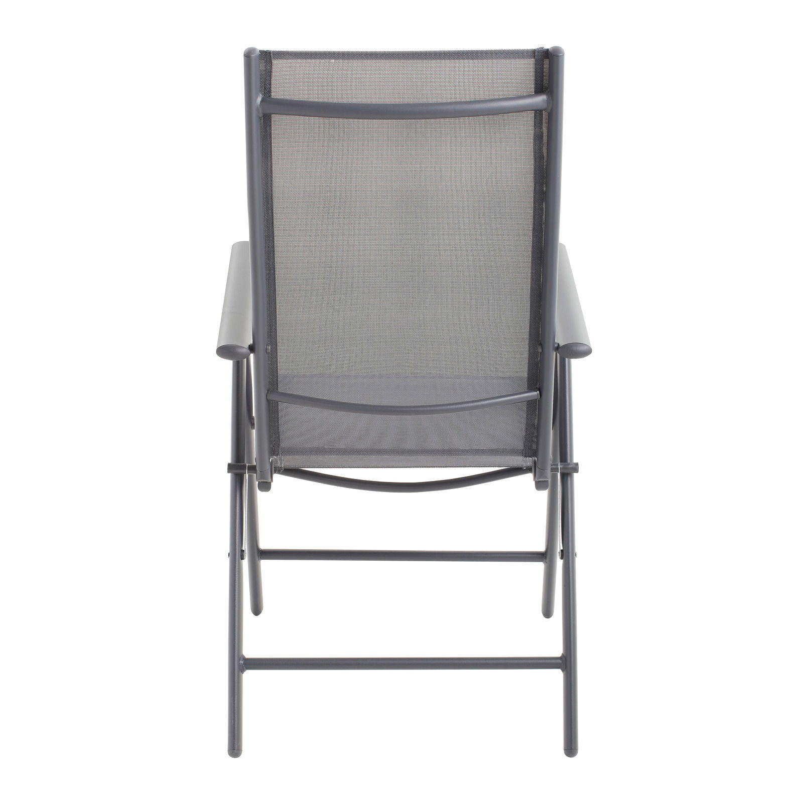 Rückansicht eines grauen Gartenstuhls mit Armlehnen und Netzbespannung