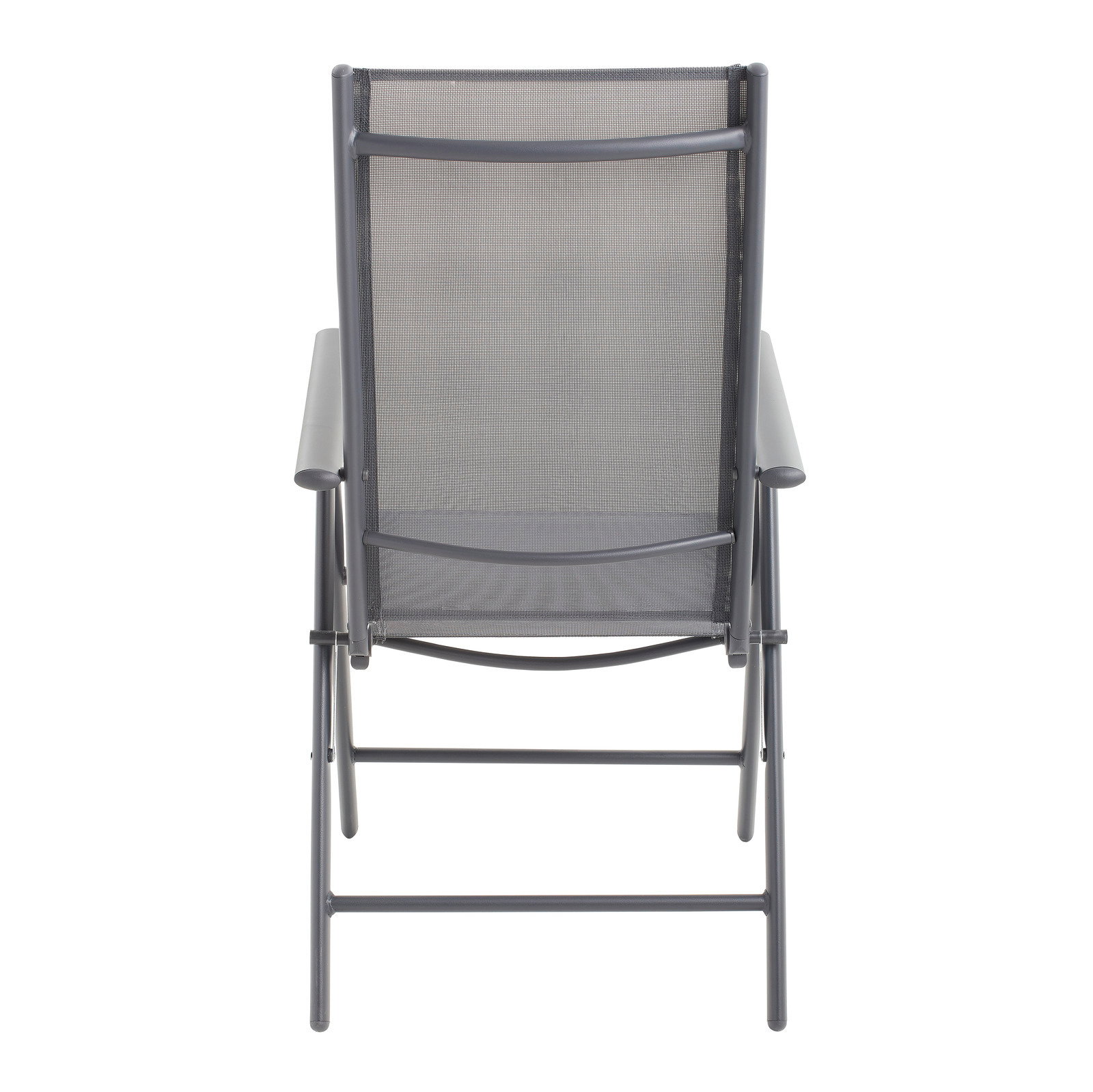 Rückansicht eines grauen Gartenstuhls mit Armlehnen und Netzbespannung