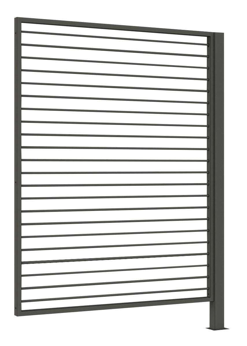 Moderner Sichtschutz aus Aluminium mit horizontalen Lamellen, seitliche Perspektive