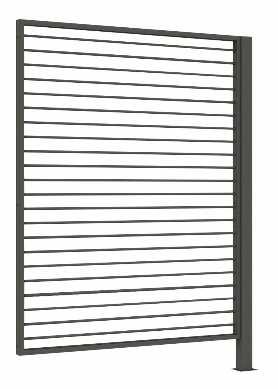 Moderner Sichtschutz aus Aluminium mit horizontalen Lamellen, seitliche Perspektive