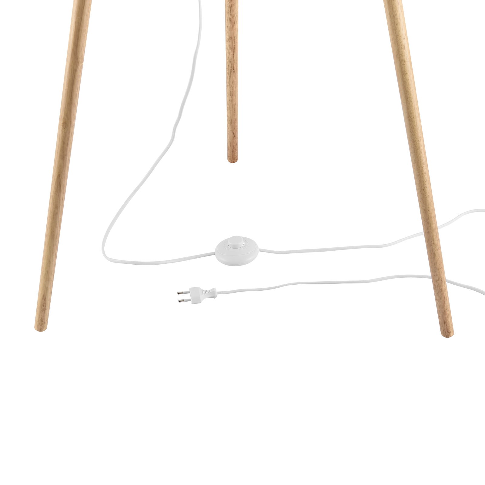 Nahaufnahme der Holzbeine einer Stehleuchte mit weißem Kabel und Fußschalter.