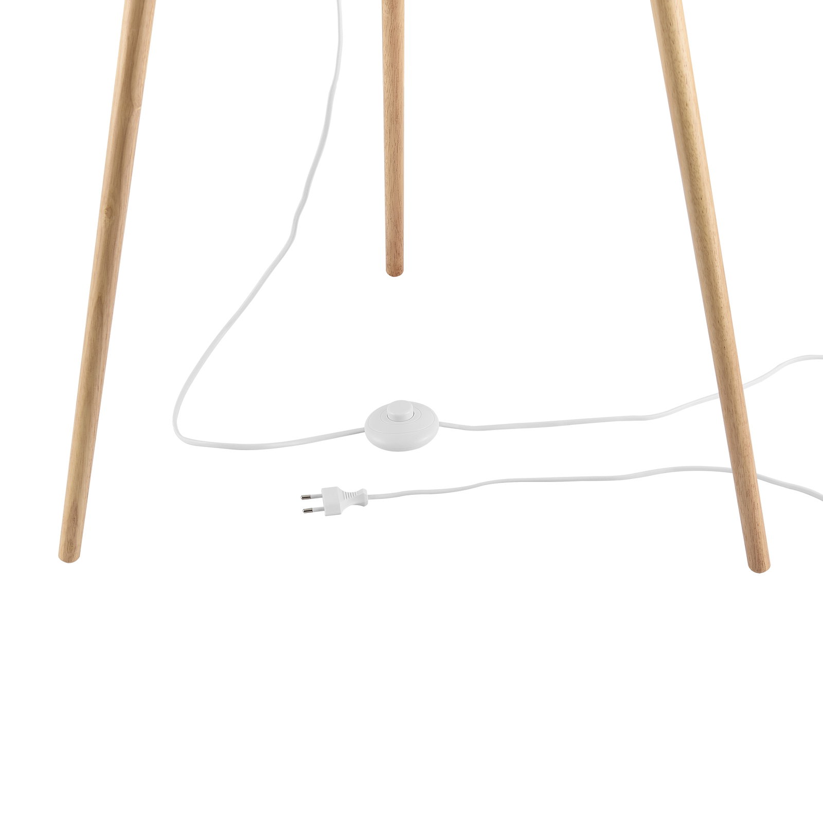 Nahaufnahme der Holzbeine einer Stehleuchte mit weißem Kabel und Fußschalter.