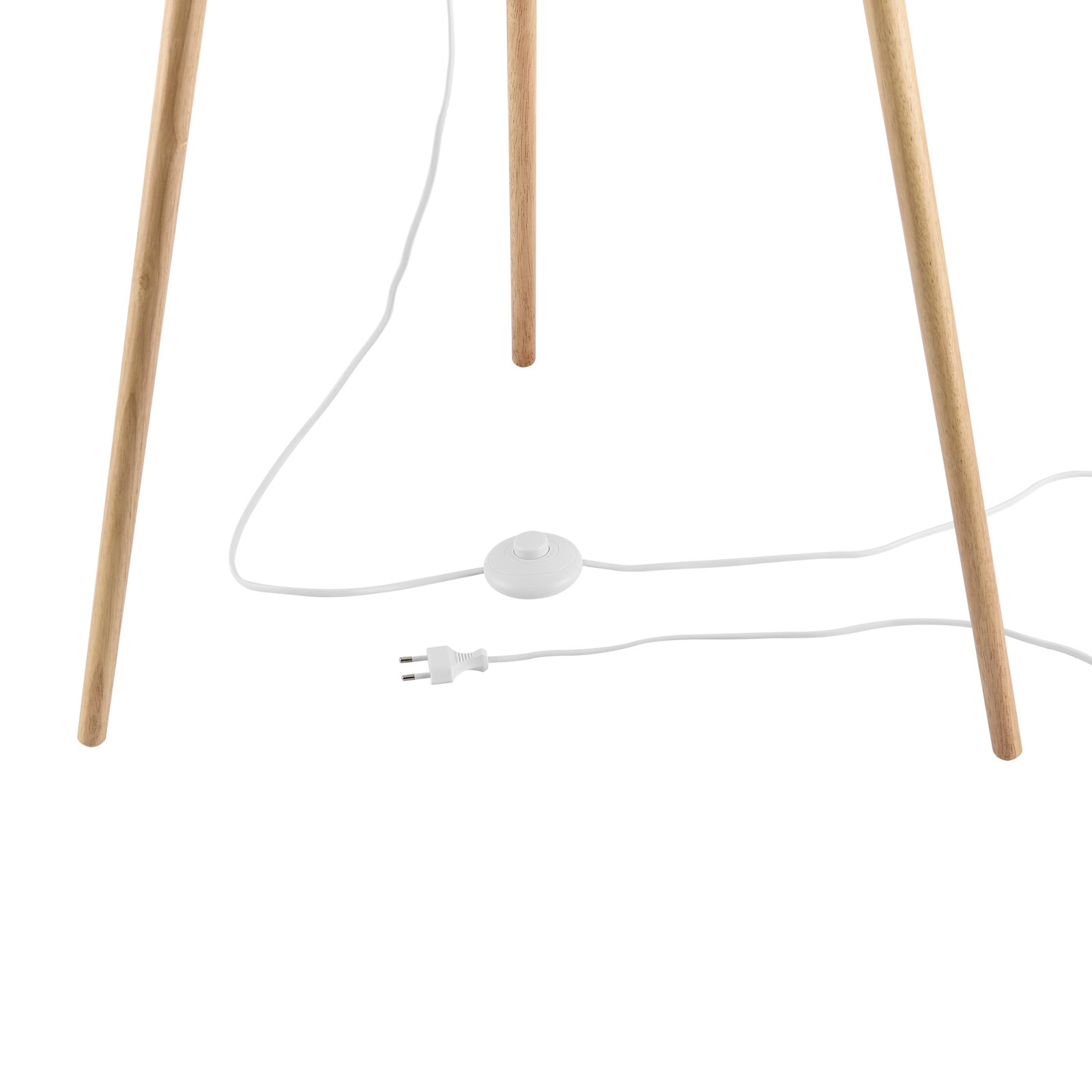 Nahaufnahme der Holzbeine einer Stehleuchte mit weißem Kabel und Fußschalter.