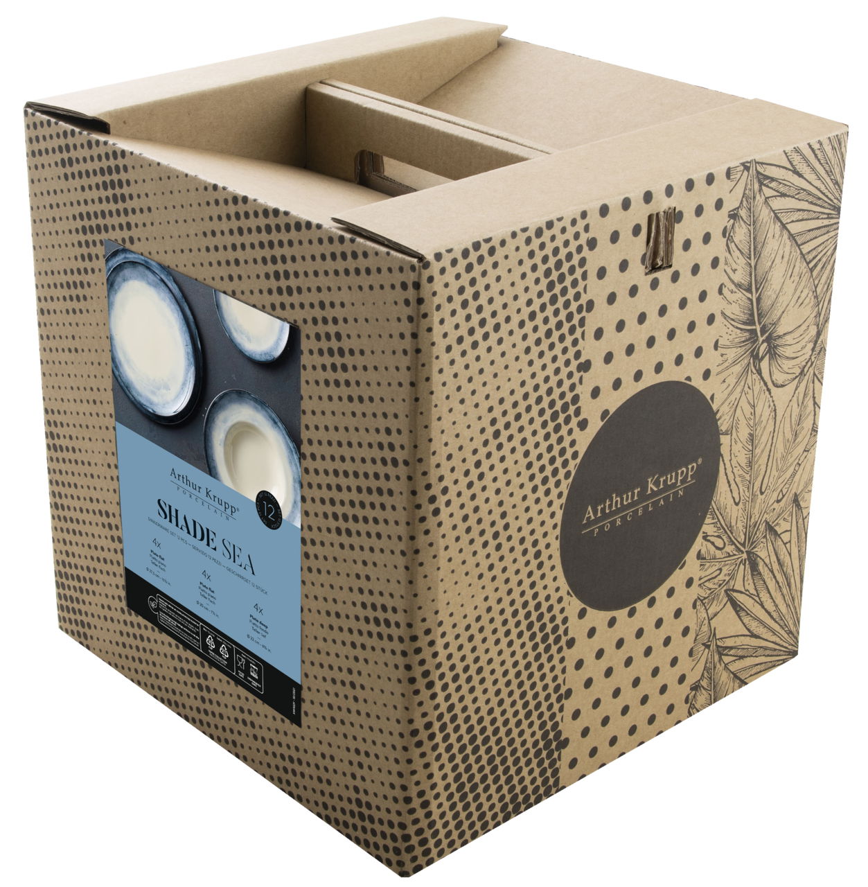 Verpackung des 12-teiligen Tellersets Shade Sea von Arthur Krupp, schräg von vorne fotografiert.