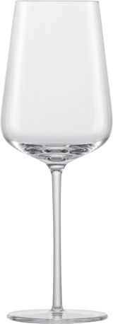 Elegantes Rieslingglas Vervino in Seitenansicht mit langem Stiel und schlanker Form.