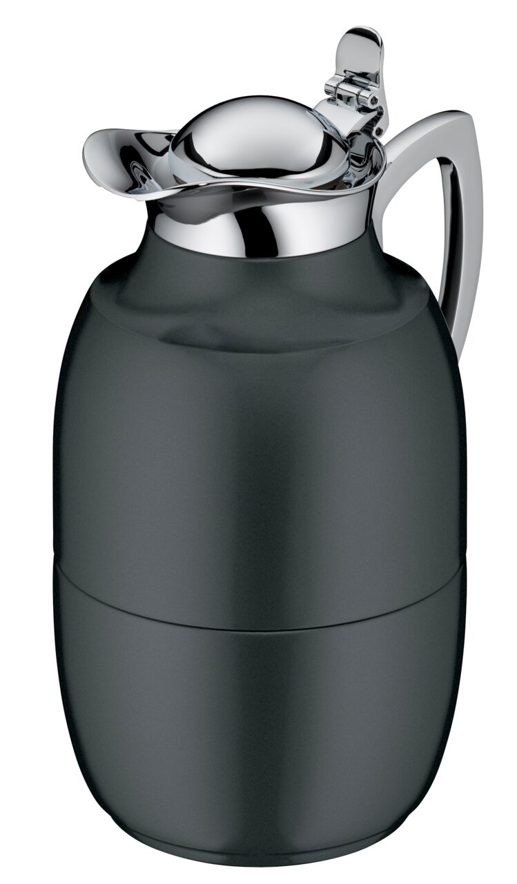 Isolierkanne Juwel in seitlicher Perspektive mit glänzendem Deckel und ergonomischem Griff.