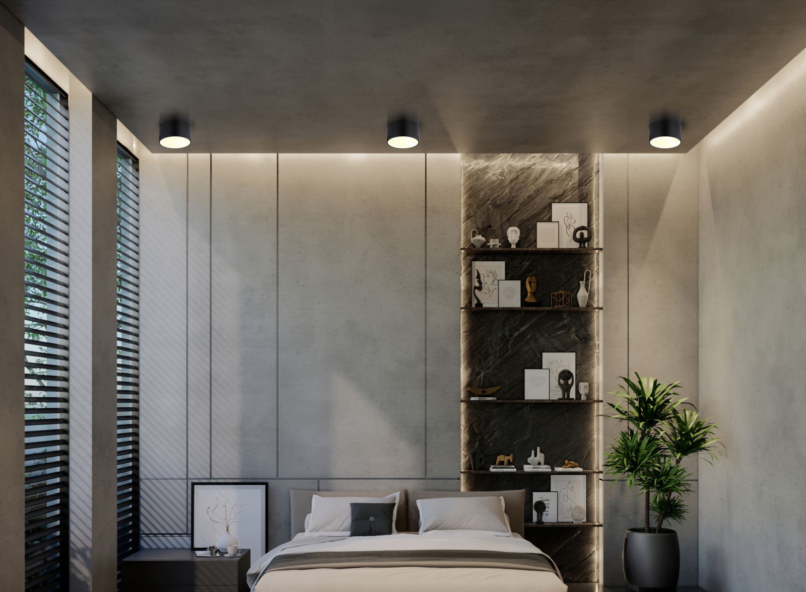 Moderne Deckenleuchte in einem stilvollen Schlafzimmer, Perspektive von unten.