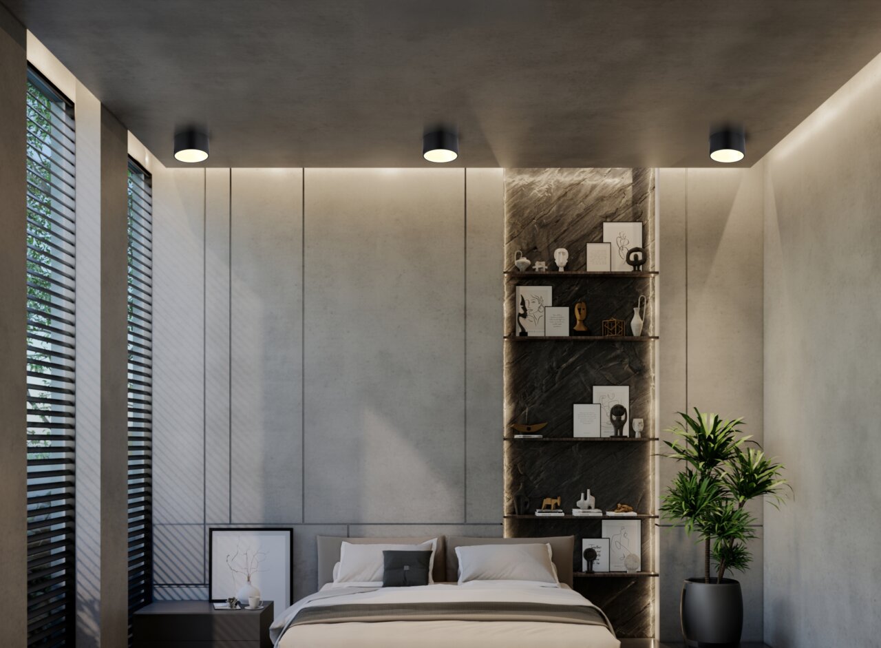 Globo Lighting Deckenleuchte BERTHOLD Moderne Deckenleuchte in einem stilvollen Schlafzimmer, Perspektive von unten.