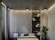 Moderne Deckenleuchte in einem stilvollen Schlafzimmer, Perspektive von unten.