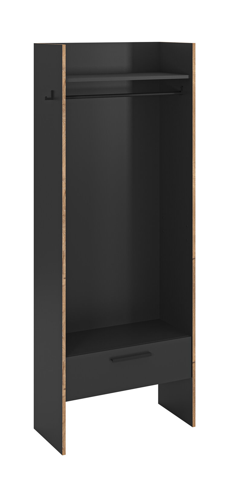 MID.YOU Garderobenschrank Offener Kleiderschrank in Anthrazit mit Holzoptik-Kanten, oben Ablageboden, darunter Kleiderstange und unten Schublade; Perspektive: frontale Ansicht leicht von links
