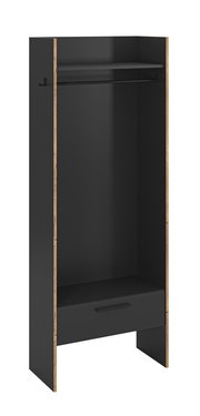 Offener Kleiderschrank in Anthrazit mit Holzoptik-Kanten, oben Ablageboden, darunter Kleiderstange und unten Schublade; Perspektive: frontale Ansicht leicht von links