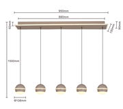 LED-Pendelleuchte mit fünf kugelförmigen Lampen, hängend an einer rechteckigen Deckenhalterung, seitliche Perspektive