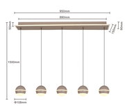 LED-Pendelleuchte mit fünf kugelförmigen Lampen, hängend an einer rechteckigen Deckenhalterung, seitliche Perspektive