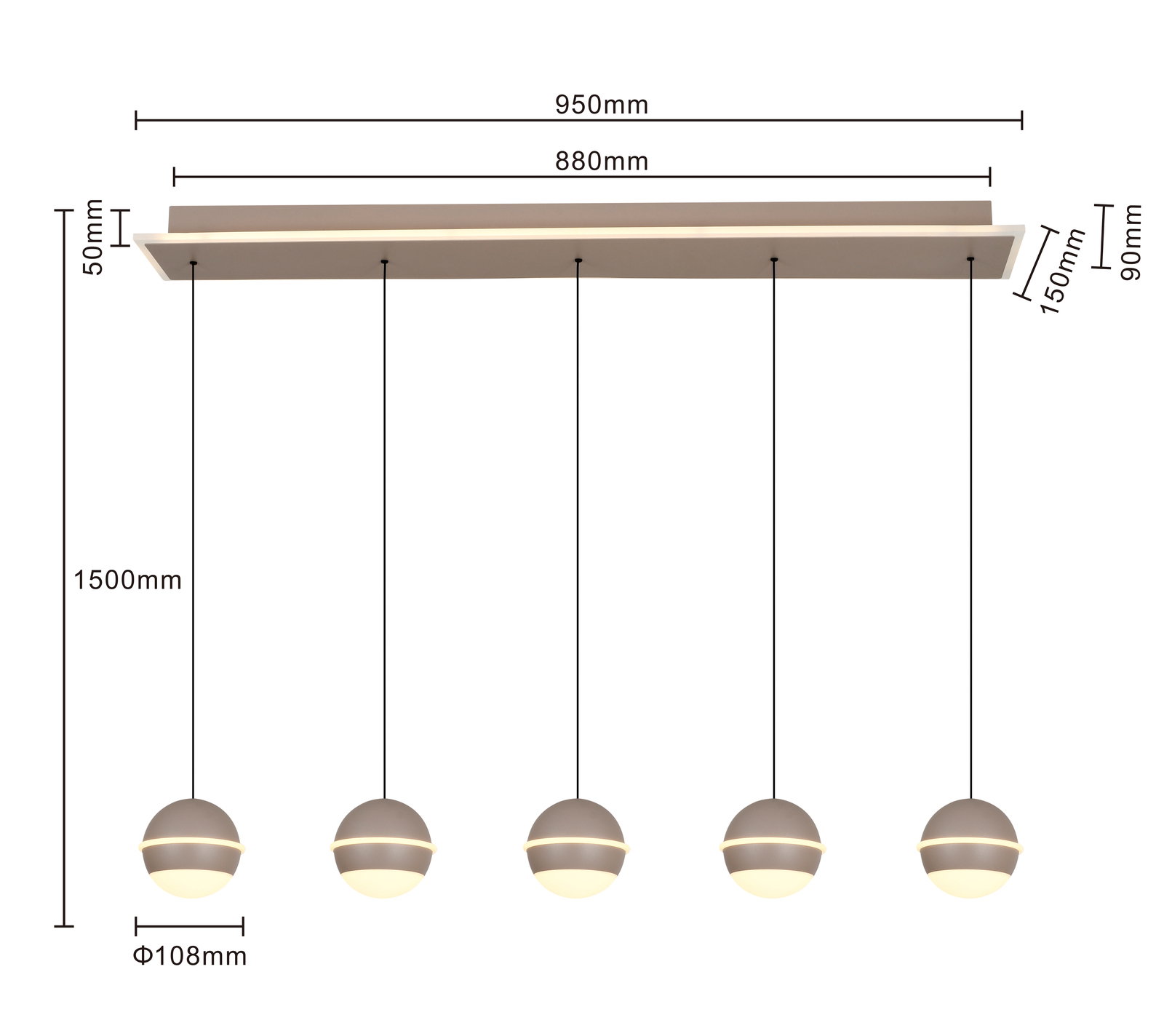 LED-Pendelleuchte mit fünf kugelförmigen Lampen, hängend an einer rechteckigen Deckenhalterung, seitliche Perspektive