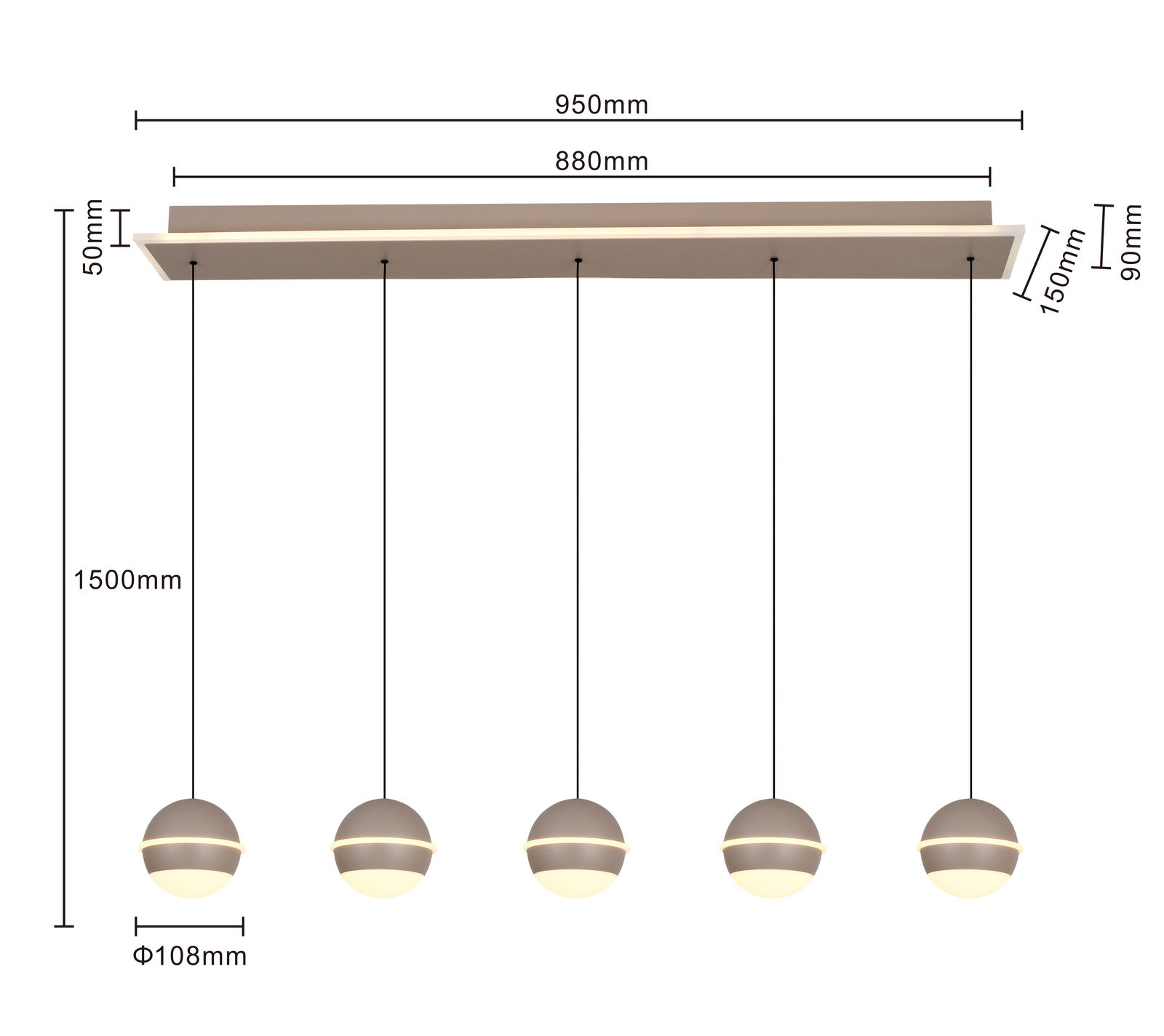 LED-Pendelleuchte mit fünf kugelförmigen Lampen, hängend an einer rechteckigen Deckenhalterung, seitliche Perspektive