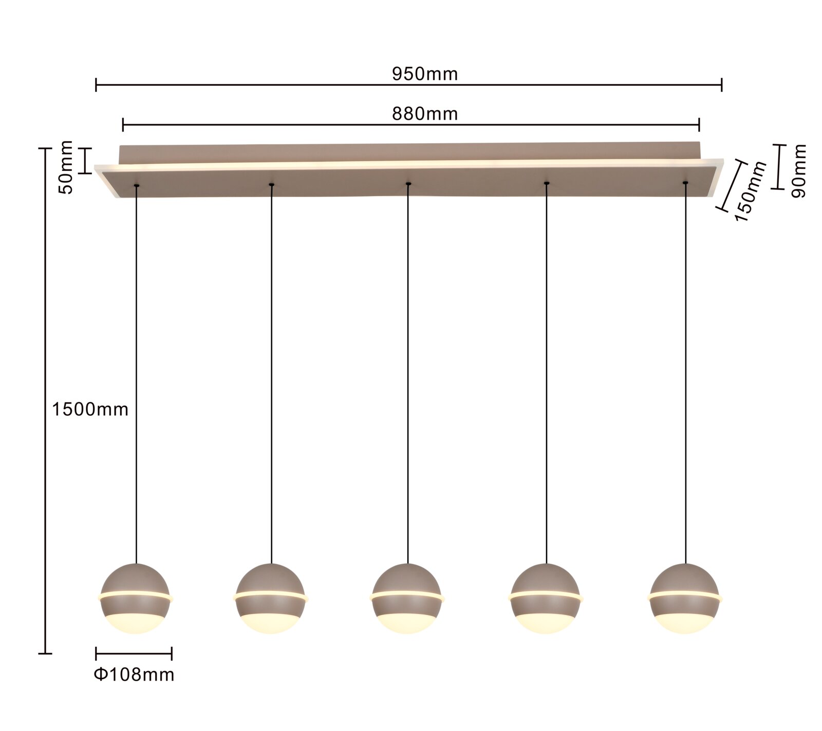 LED-hanglamp met vijf bolvormige lampen, opgehangen aan een rechthoekige plafondbeugel, zijaanzicht