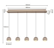 LED-hanglamp met vijf bolvormige lampen, opgehangen aan een rechthoekige plafondbeugel, zijaanzicht