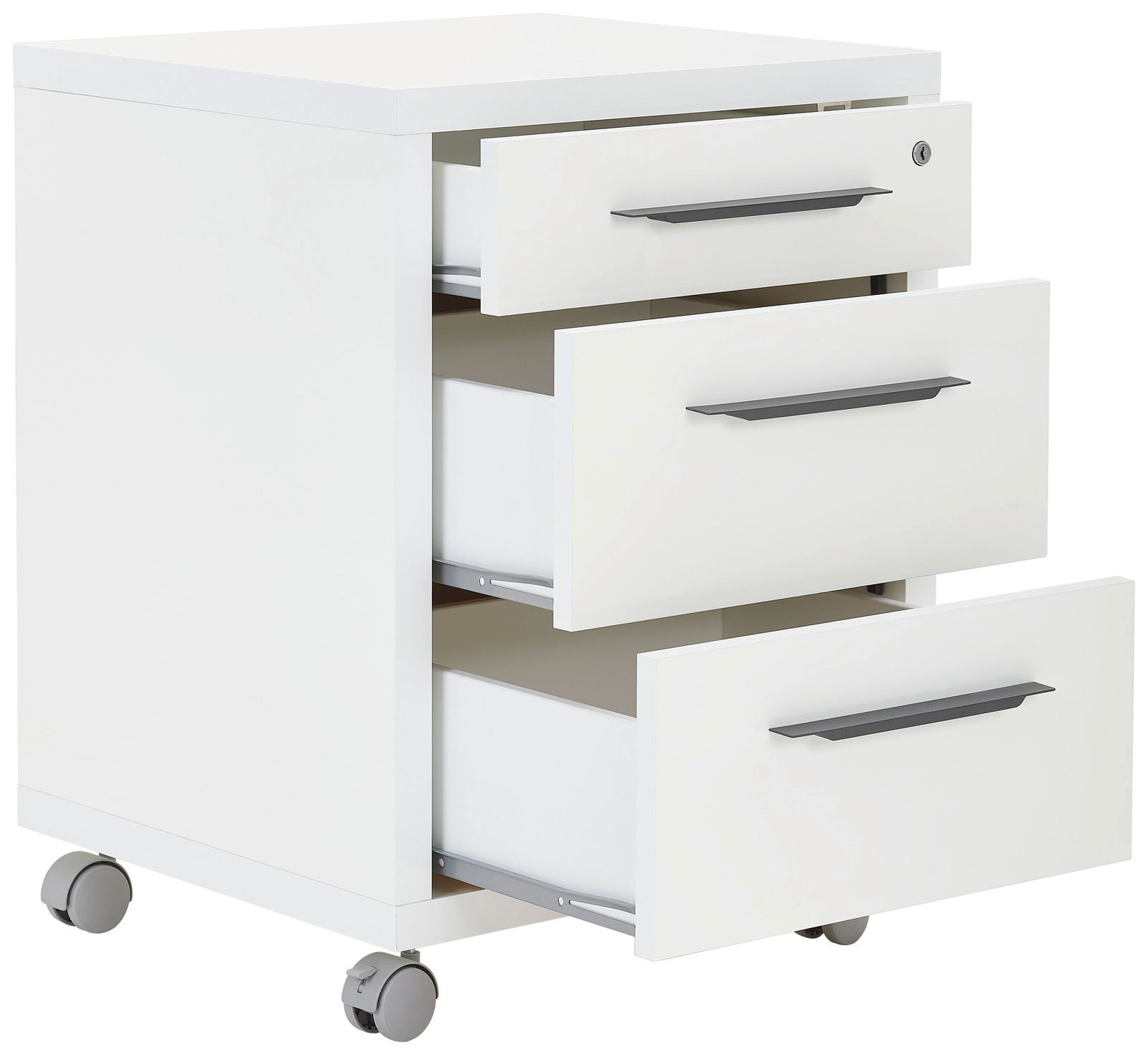 Weißer Rollcontainer mit drei geöffneten Schubladen, seitliche Perspektive