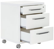 Weißer Rollcontainer mit drei geöffneten Schubladen, seitliche Perspektive