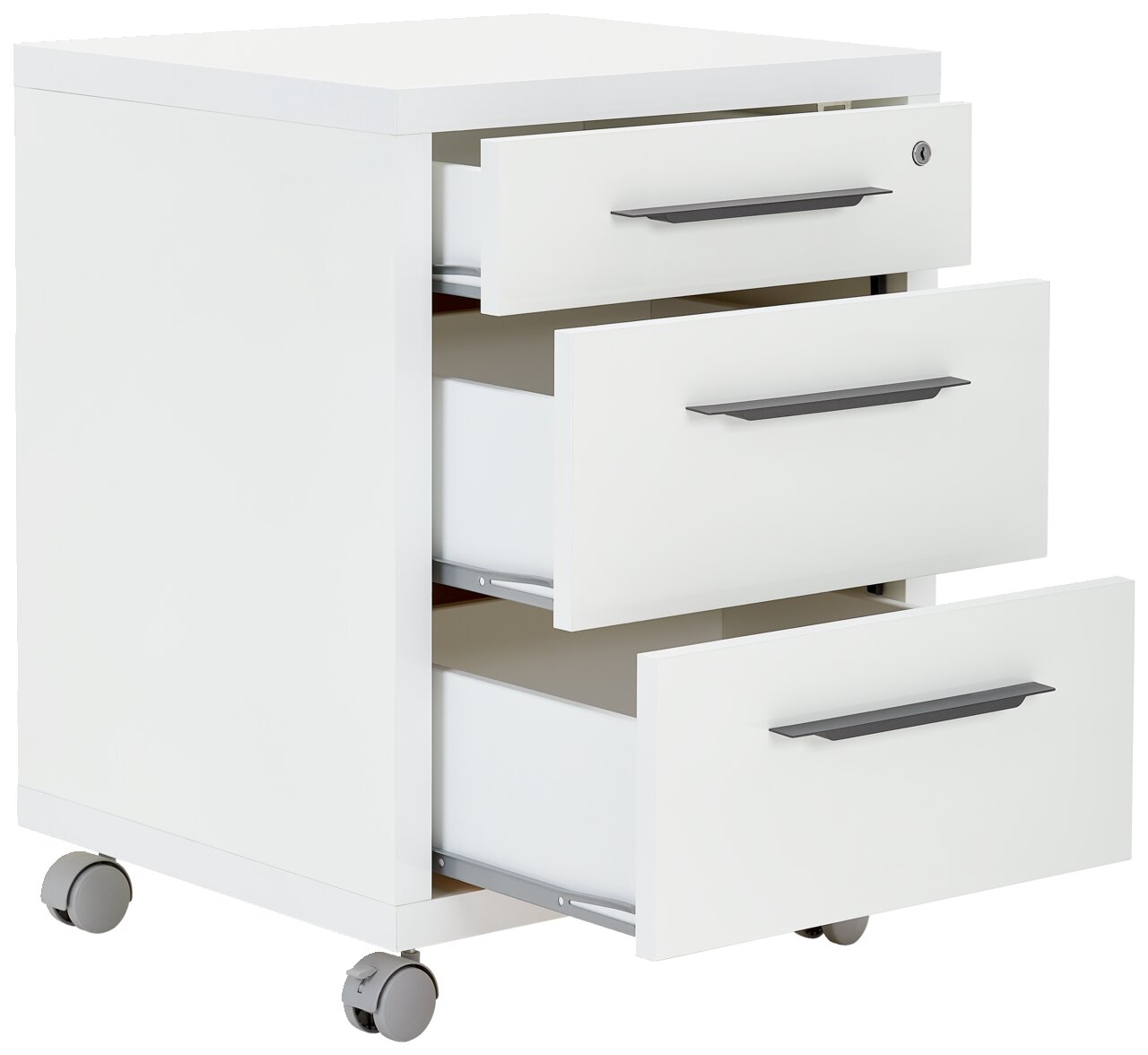 Weißer Rollcontainer mit drei geöffneten Schubladen, seitliche Perspektive