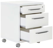 Weißer Rollcontainer mit drei geöffneten Schubladen, seitliche Perspektive