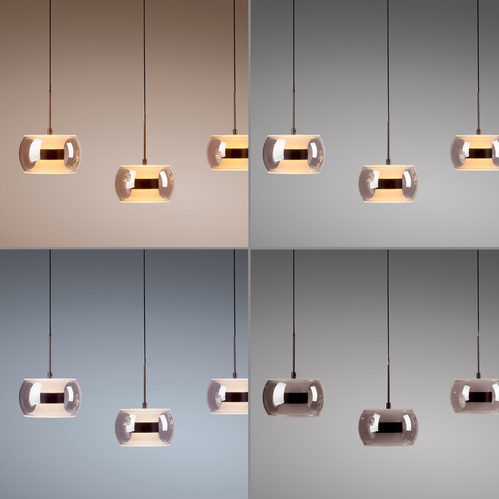 Moderne Pendelleuchte mit ovalem, transparent getöntem Glasschirm und warmem Licht, aufgehängt an schwarzem Kabel vor neutralem Hintergrund, Frontansicht auf Augenhöhe.
