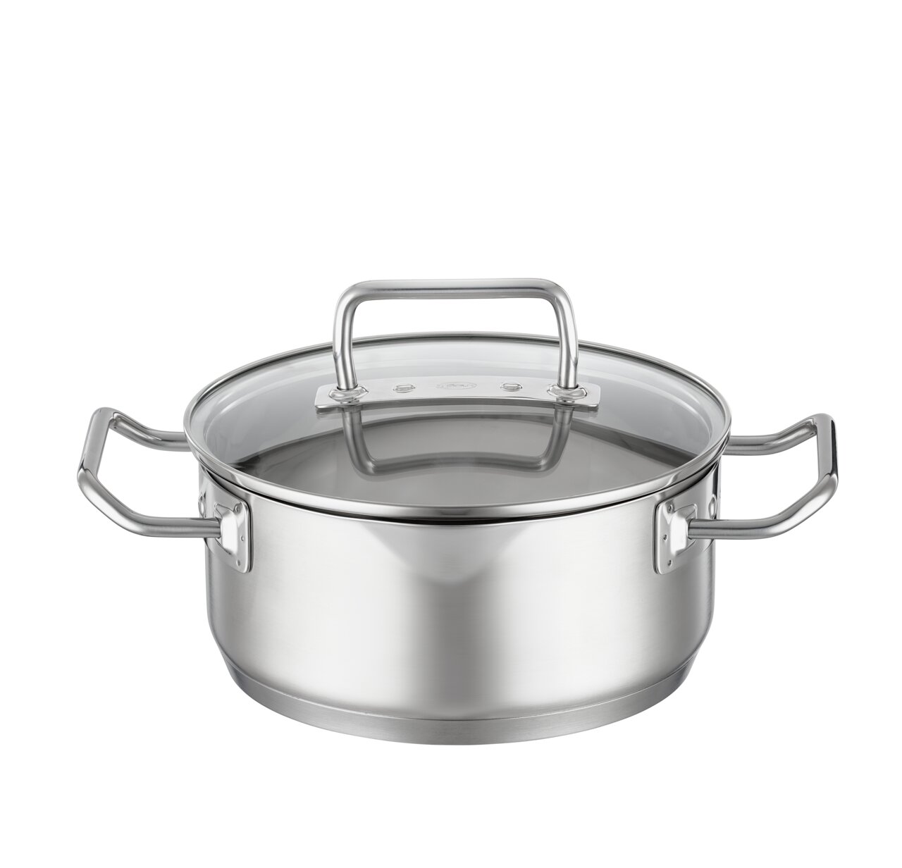 Bratentopf Expertiso 20cm aus Edelstahl mit Glasdeckel, seitliche Perspektive