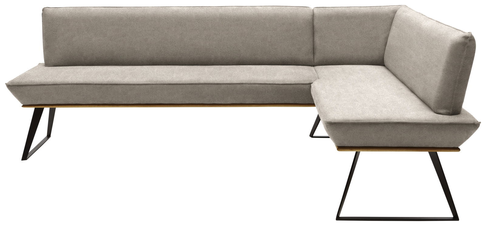 Graue Eckbank mit schwarzem Metallgestell, seitliche Perspektive