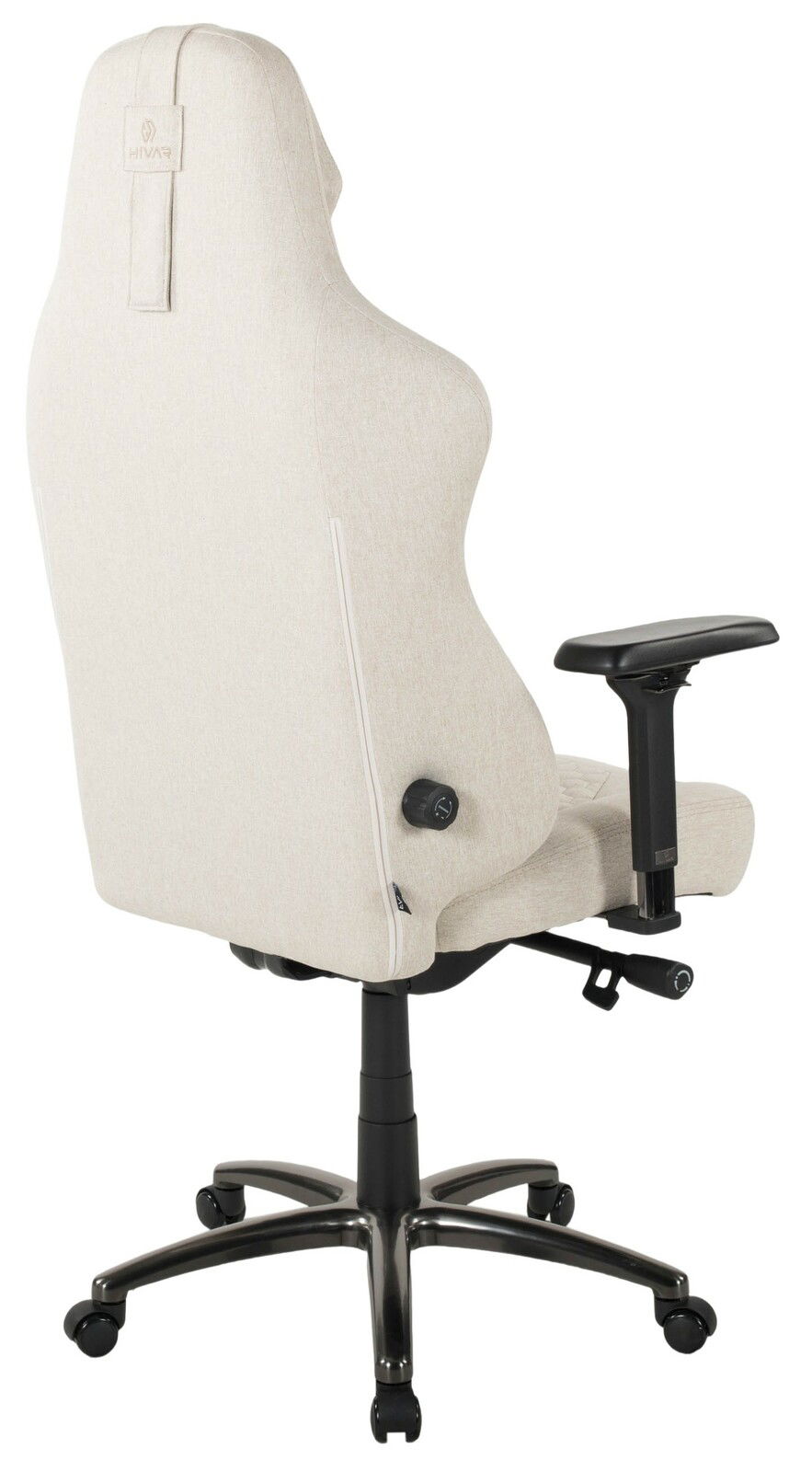 HIVAR Gaming Stuhl ORBICAL XL Rückansicht eines beigen Gaming-Stuhls mit verstellbaren Armlehnen und stabiler Basis auf Rollen.