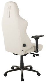 Rückansicht eines beigen Gaming-Stuhls mit verstellbaren Armlehnen und stabiler Basis auf Rollen.