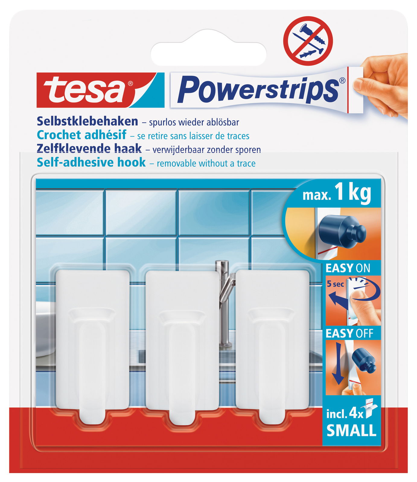Drei weiße, selbstklebende Haken von tesa Powerstrips in einer Verpackung, frontal abgebildet, geeignet für eine Belastung bis zu 1 kg.