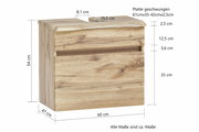 Waschbeckenunterschrank aus Holz in Frontansicht mit geschwungener Platte und detaillierten Maßen.