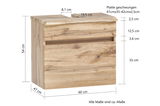 Waschbeckenunterschrank aus Holz in Frontansicht mit geschwungener Platte und detaillierten Maßen.