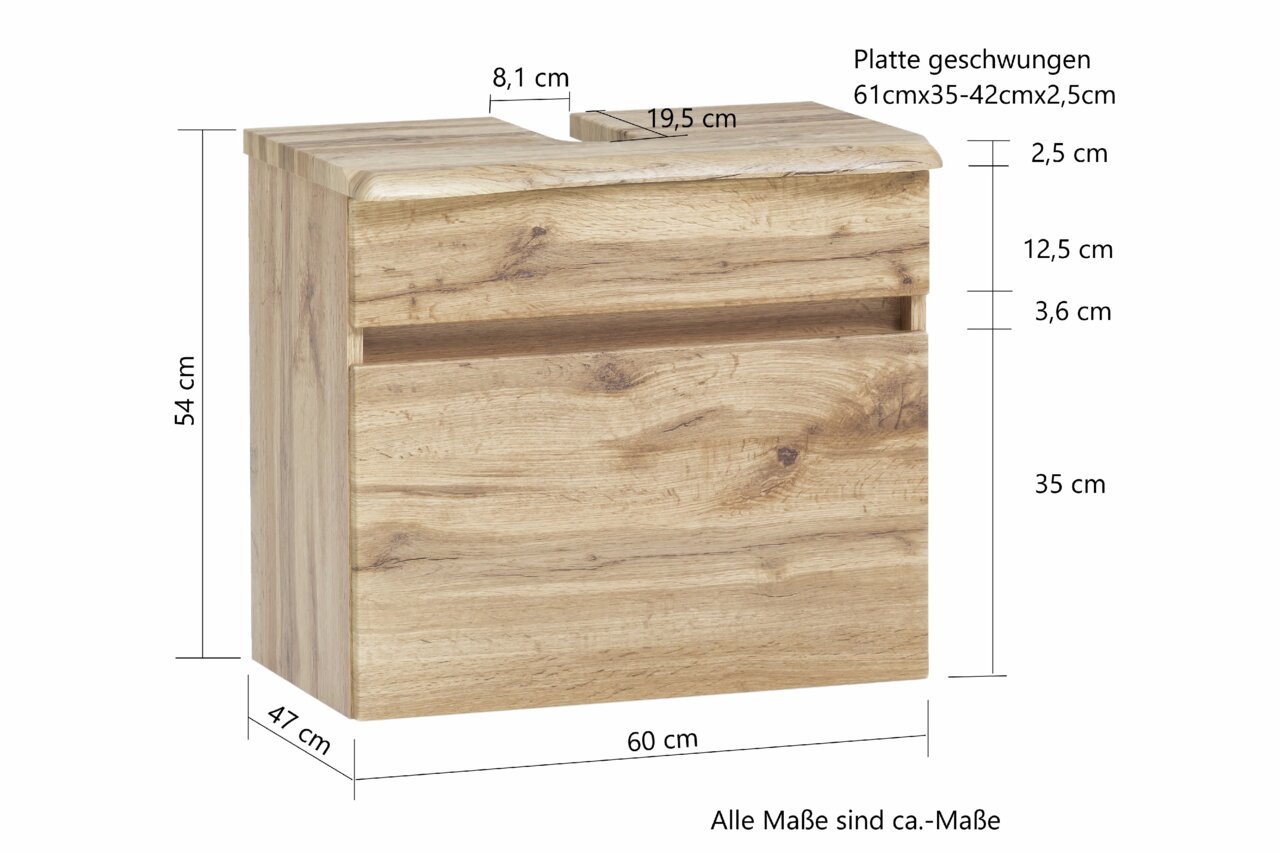 Waschbeckenunterschrank aus Holz in Frontansicht mit geschwungener Platte und detaillierten Maßen.