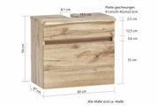 Waschbeckenunterschrank aus Holz in Frontansicht mit geschwungener Platte und detaillierten Maßen.