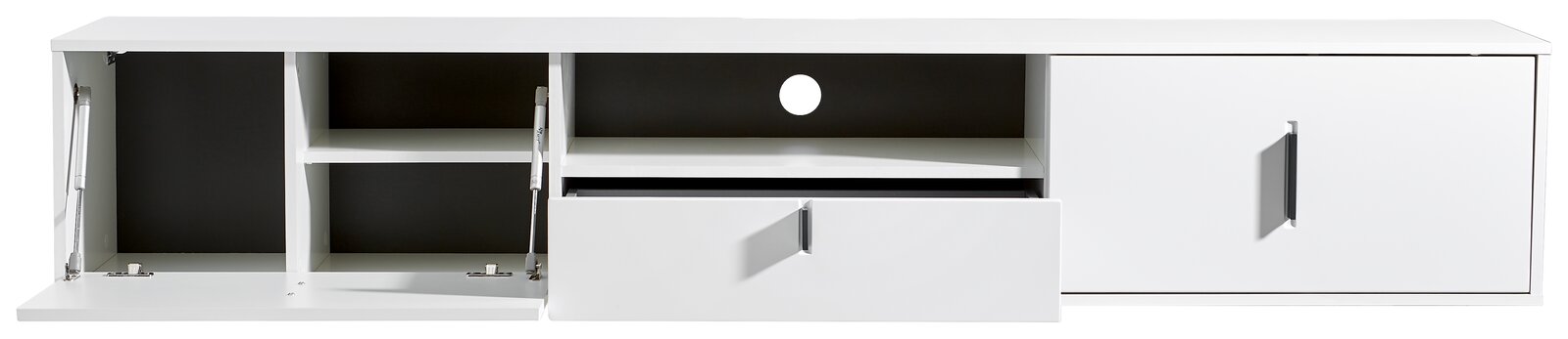 Weißes TV-Hängeboard mit mehreren Fächern und Schubladen, frontale Ansicht.