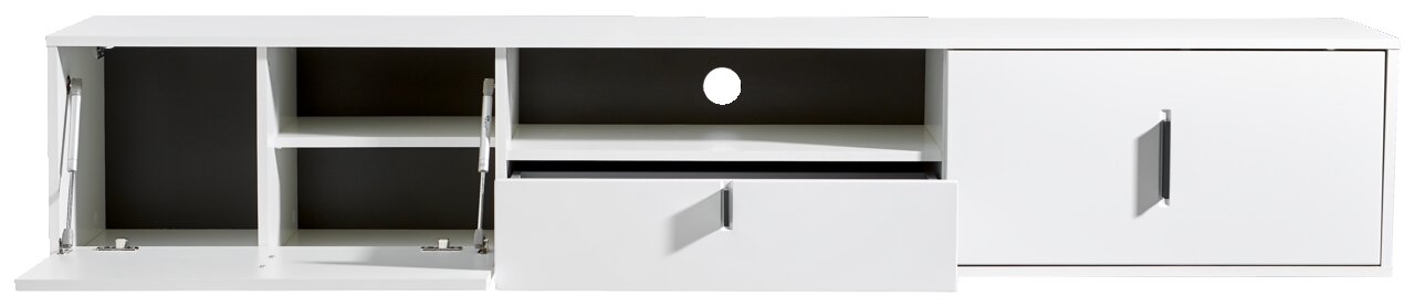 Weißes TV-Hängeboard mit mehreren Fächern und Schubladen, frontale Ansicht.