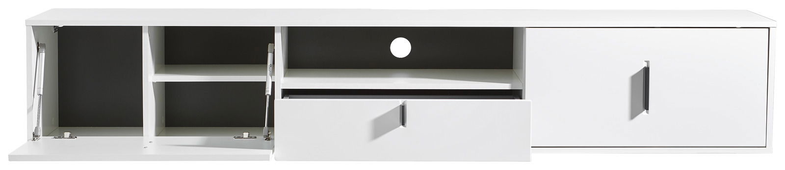 Weißes TV-Hängeboard mit mehreren Fächern und Schubladen, frontale Ansicht.