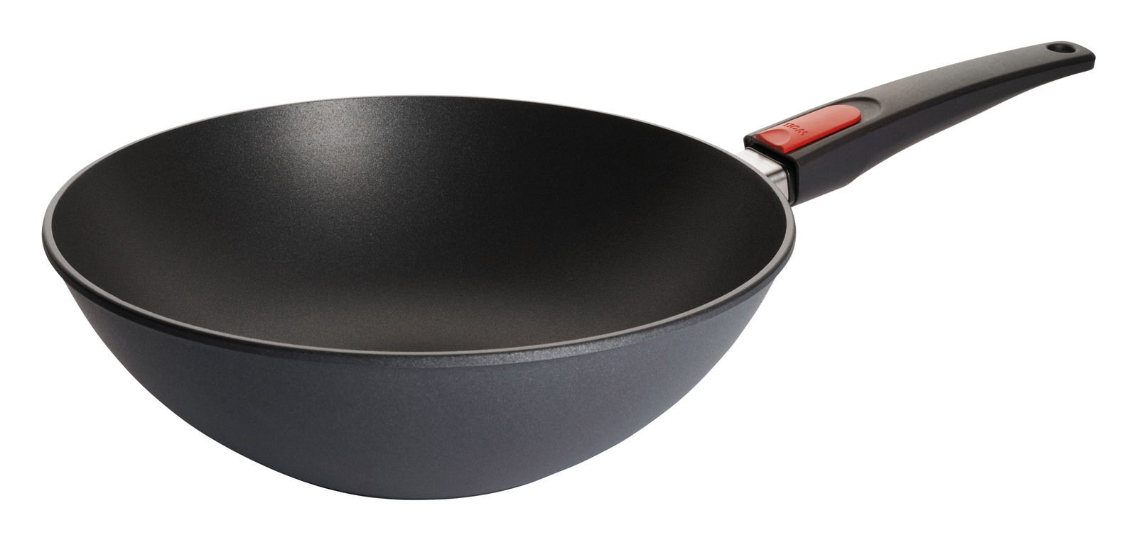 Guss-Schwenkpfanne mit 30 cm Durchmesser, seitliche Perspektive, schwarzes Design mit ergonomischem Griff.