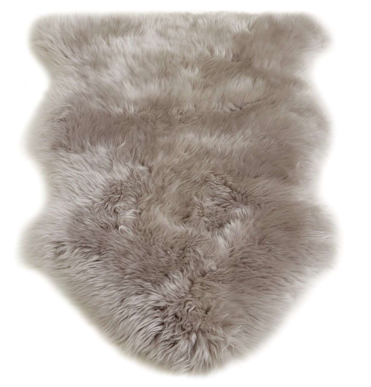 Graues Schaffell mit weicher, flauschiger Textur, von oben betrachtet.