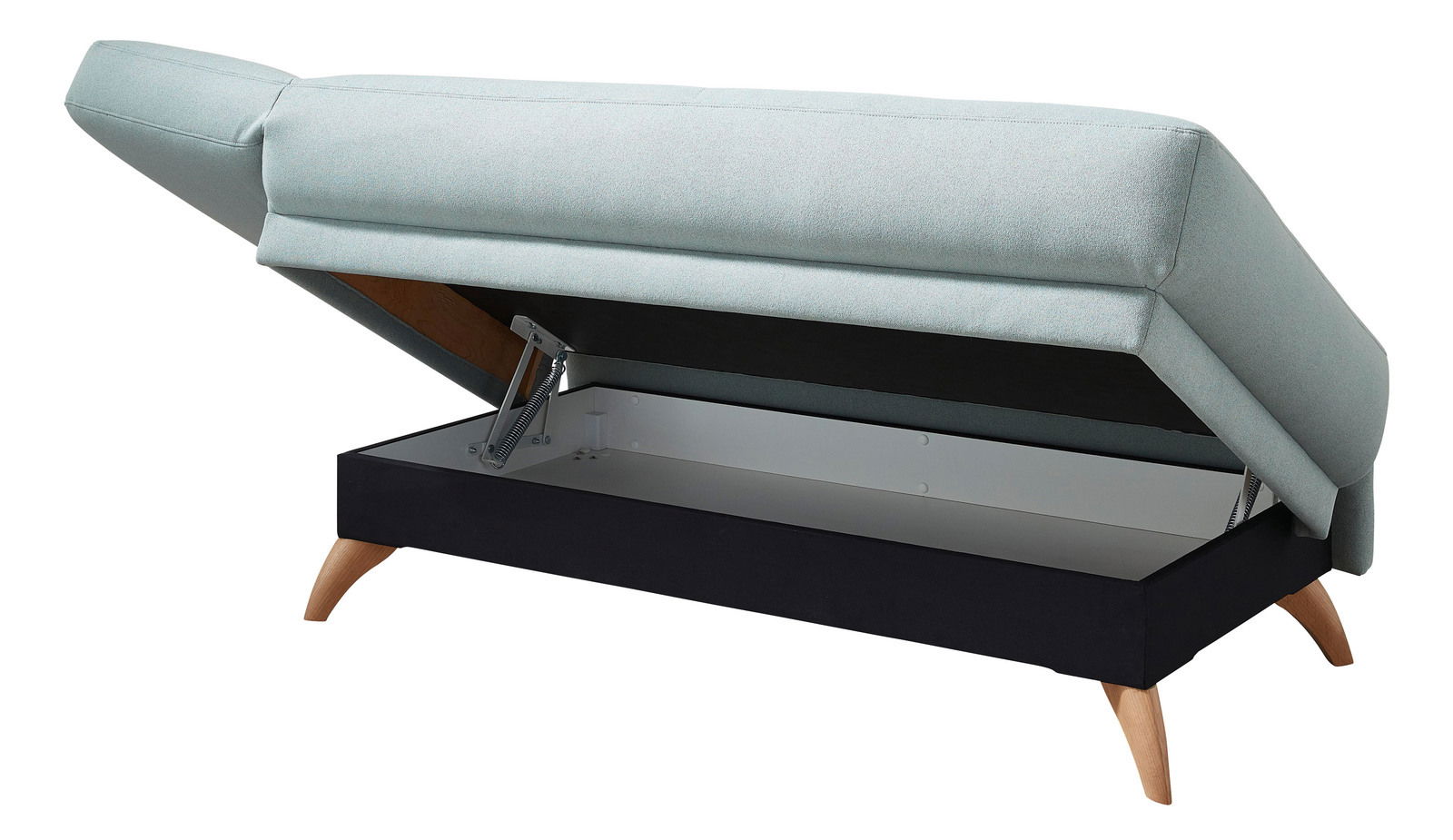 Recamiere mit Armlehne links in hellblauem Stoff, geöffnet mit sichtbarem Stauraum, seitliche Perspektive